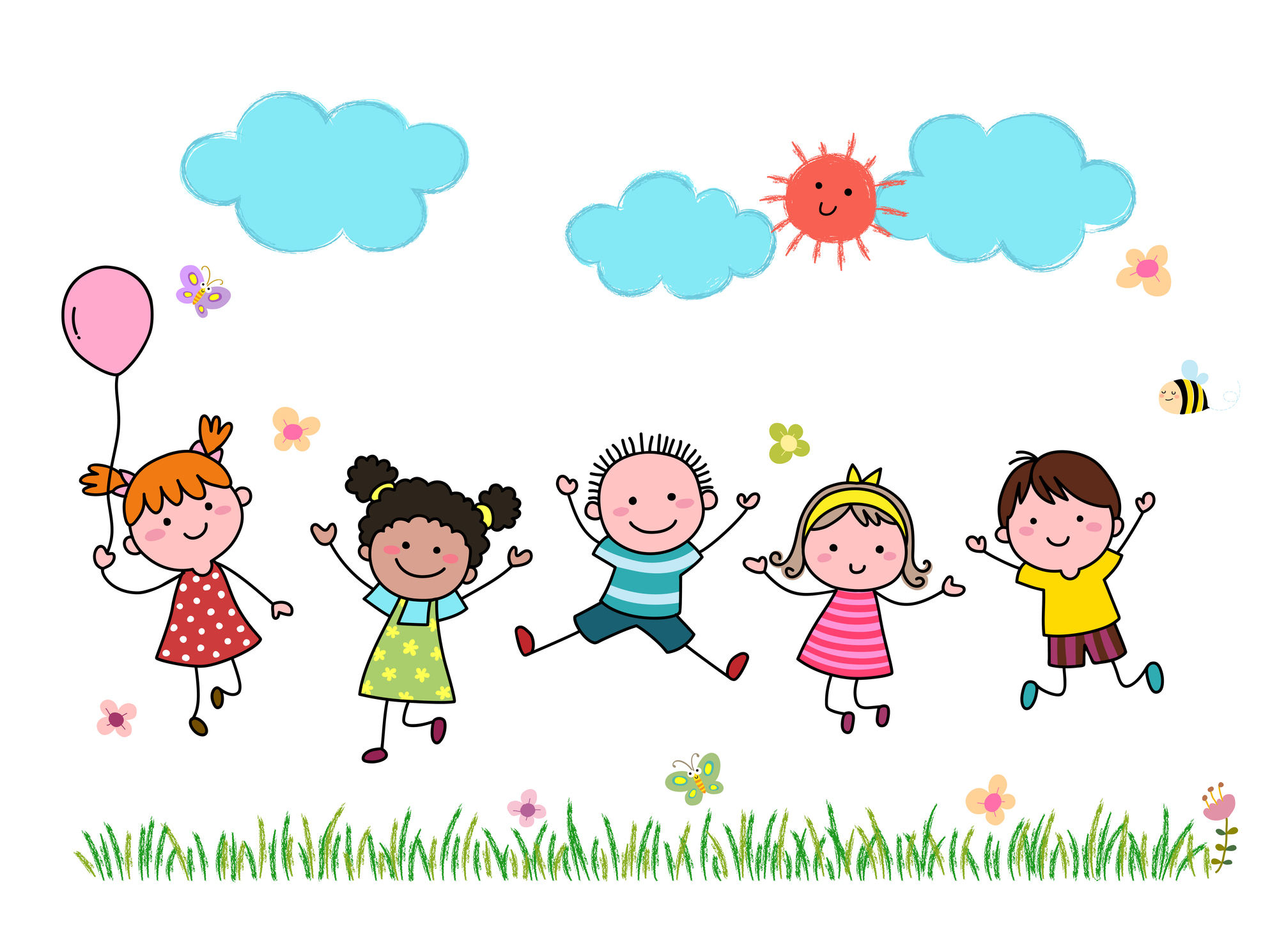 Hand gezeichnete Kinder, die in den Himmel springen.